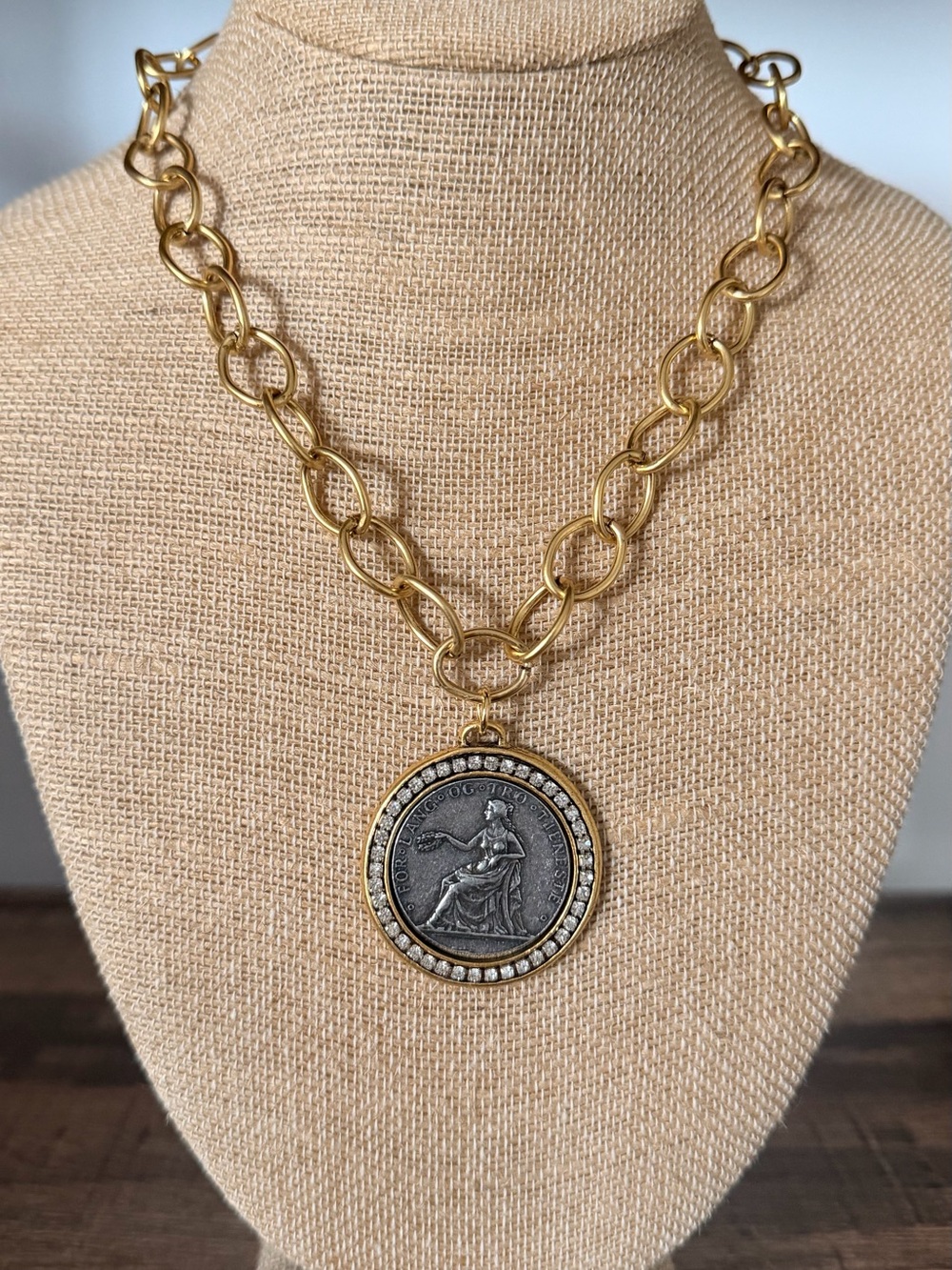 Handmade Norwegian Coin Statement Necklace Gold Tone Chain Pearl